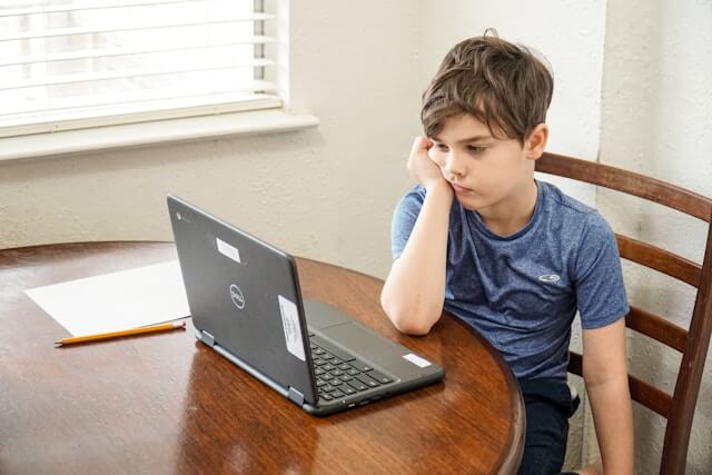 Boy sitting at his laptop looking bored
